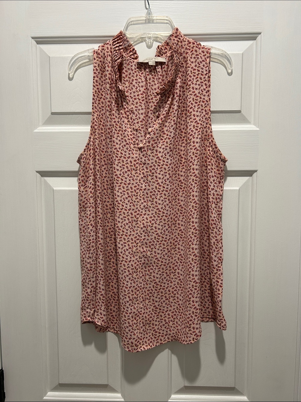 LOFT Pink Floral Ruffle Neck Sleeveless Blouse
